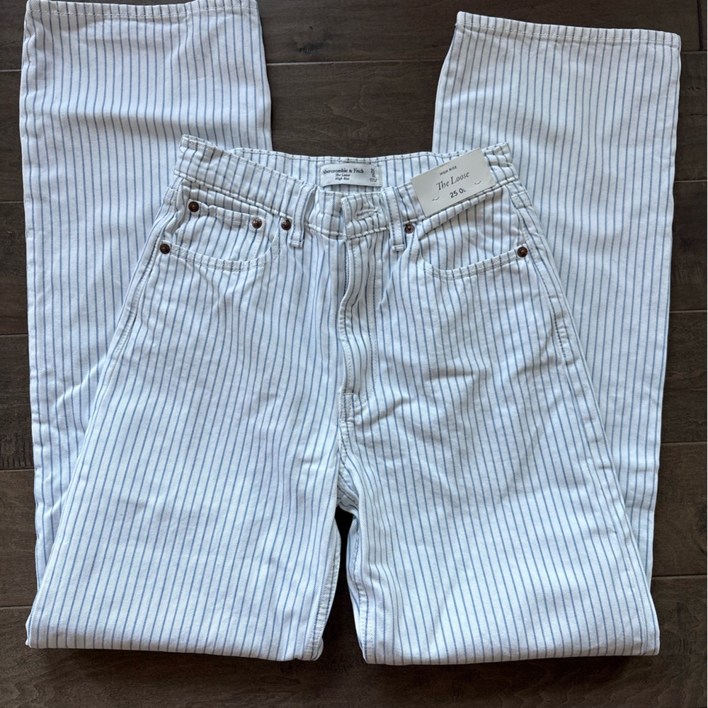 Abercrombie & Fitch White and Blue Striped High Rise Jeans